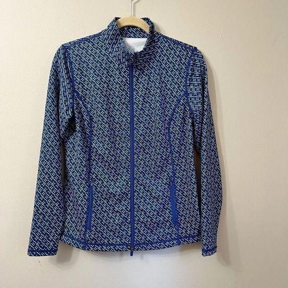 J McLaughlin Womens Blue Activewear Jacket Large Full Zip Windbreaker Geometric - Picture 11 of 11